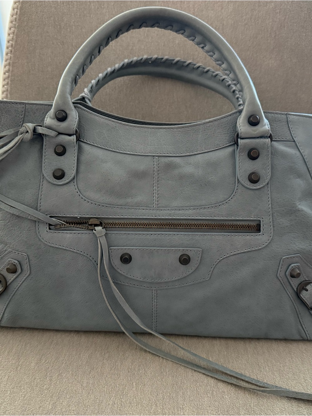 Balenciaga Gray Leather Shoulder Bag with Braided Handles